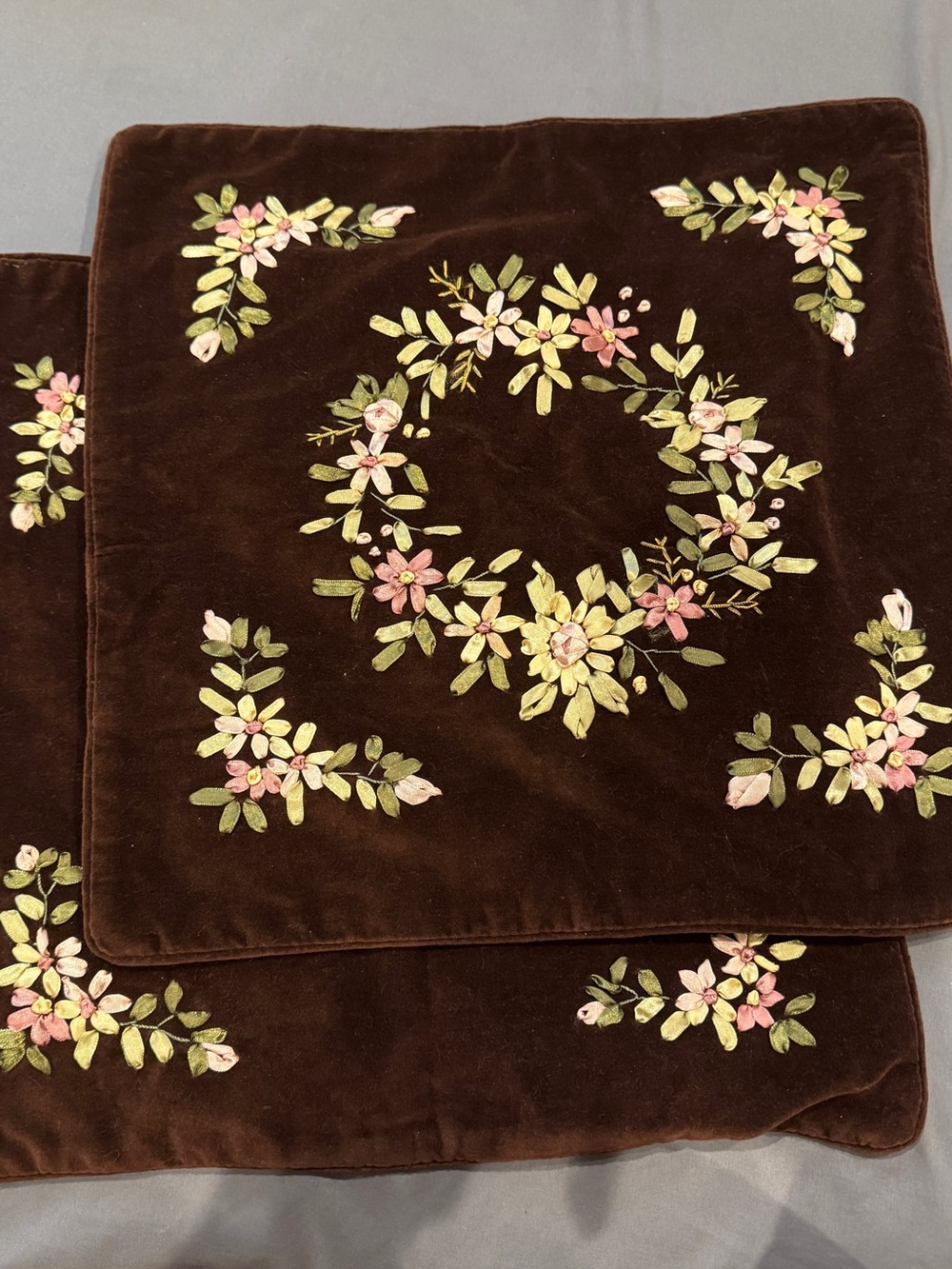 2 Vintage Boho Velvet Brown Pillow Covers with Pink & Green Embroidered Flowers